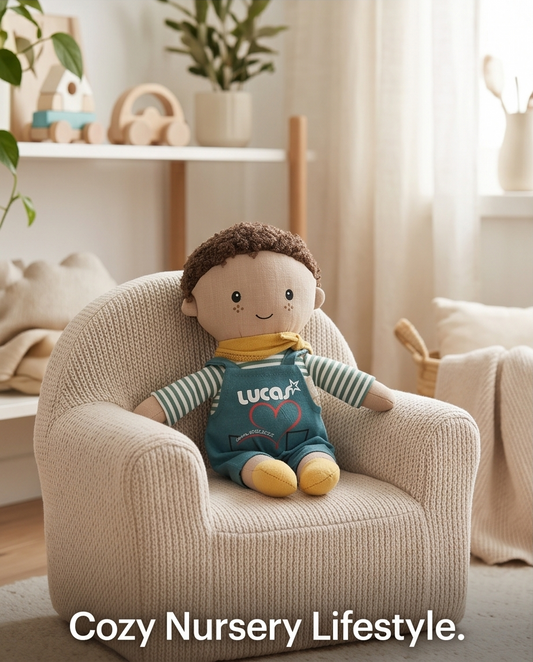 „Personalisierbare Stoffpuppe Junge mit Transferdruck im Kinderzimmer-Lifestyle"