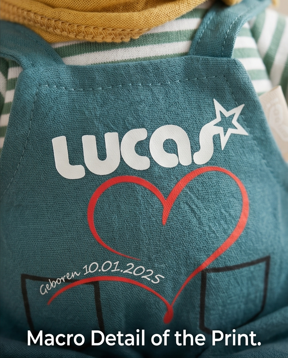 „Nahaufnahme Transferdruck auf Latzhose – Name Lucas, Herz und Geburtsdatum"