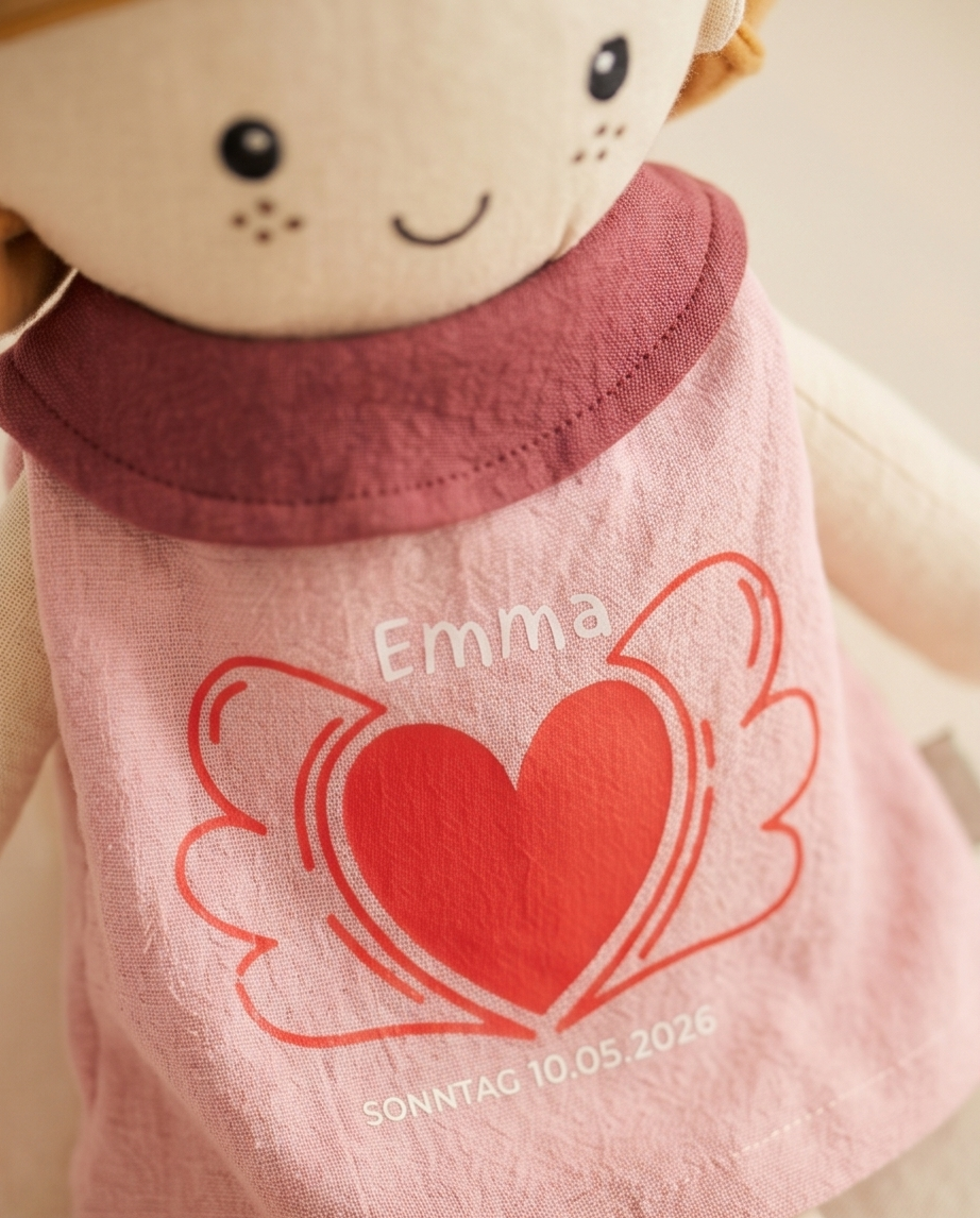 Personalisierbare Stoffpuppe mit Namen & Datum – Geschenk zur Geburt & Taufe
