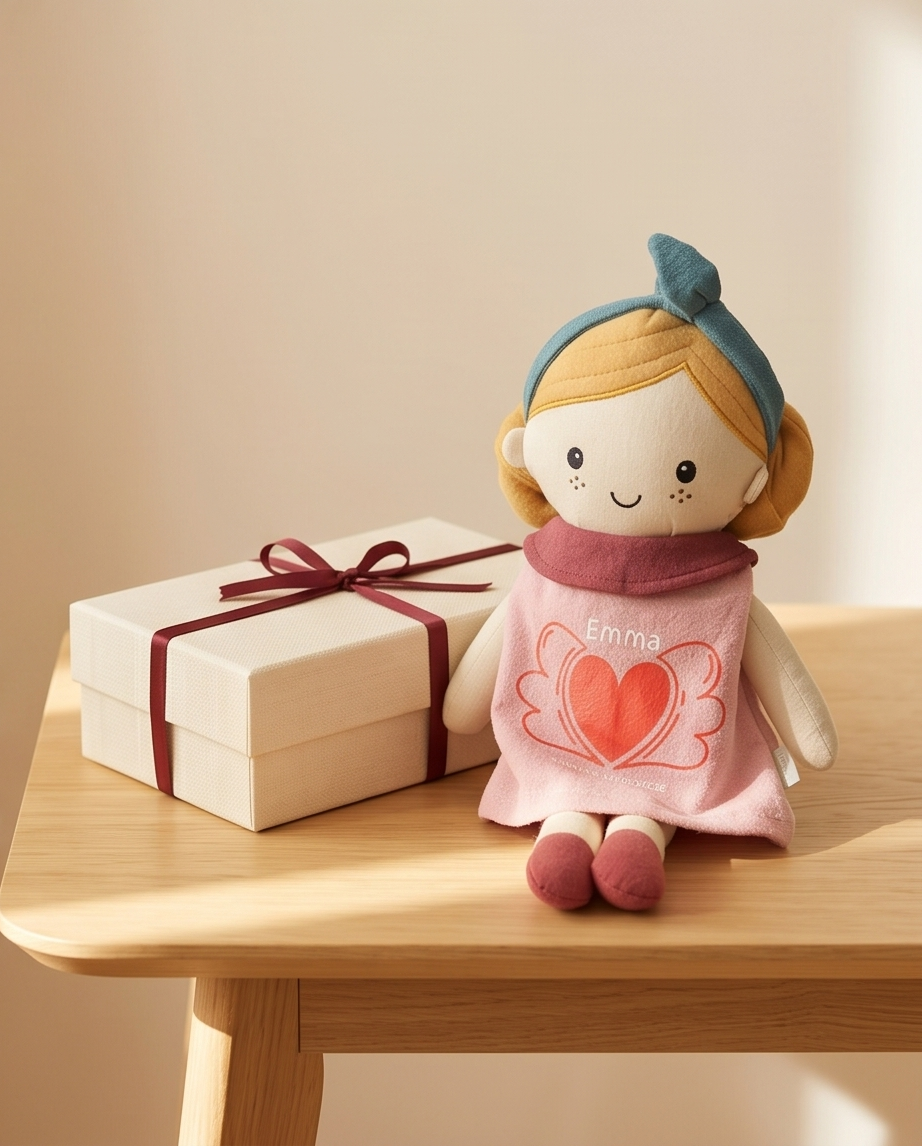 Personalisierbare Stoffpuppe mit Namen & Datum – Geschenk zur Geburt & Taufe