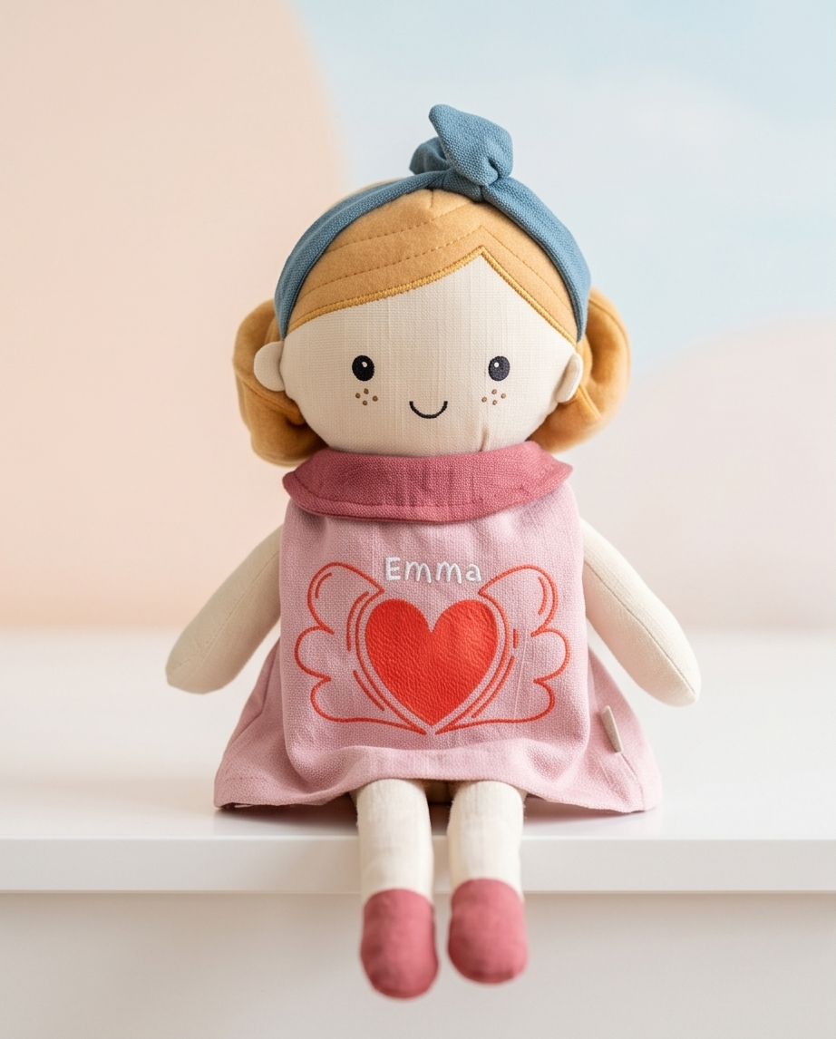 Personalisierbare Stoffpuppe mit Namen & Datum – Geschenk zur Geburt & Taufe