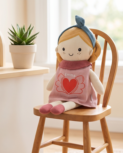 Personalisierbare Stoffpuppe mit Namen & Datum – Geschenk zur Geburt & Taufe