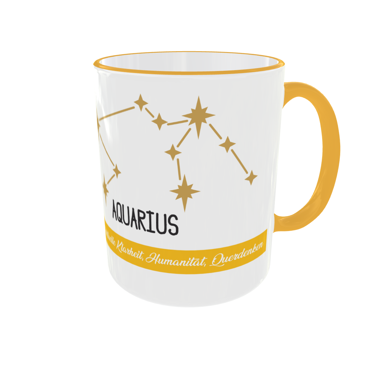 Ansicht der Tasse mit der goldenen Aquarius-Sternbild-Konstellation und einem gelben Textband am unteren Rand.