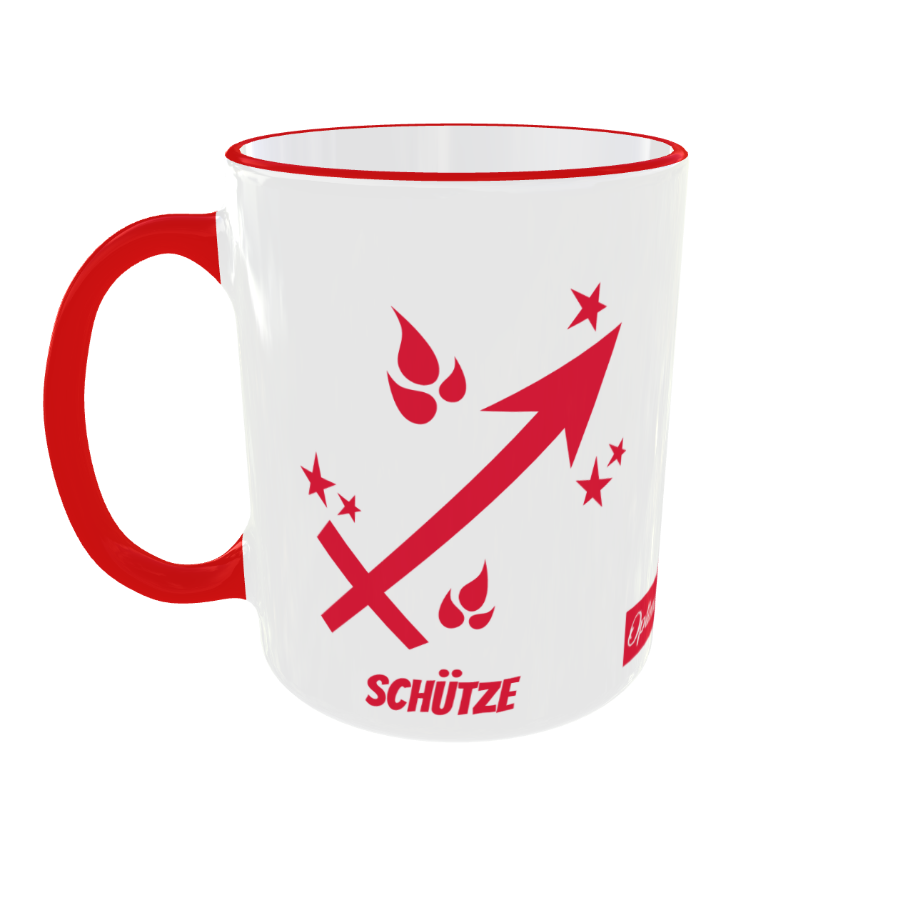 Astrologie-Tasse mit rotem Schütze-Pfeil-Symbol, Flammen und dem Schriftzug "Schütze".