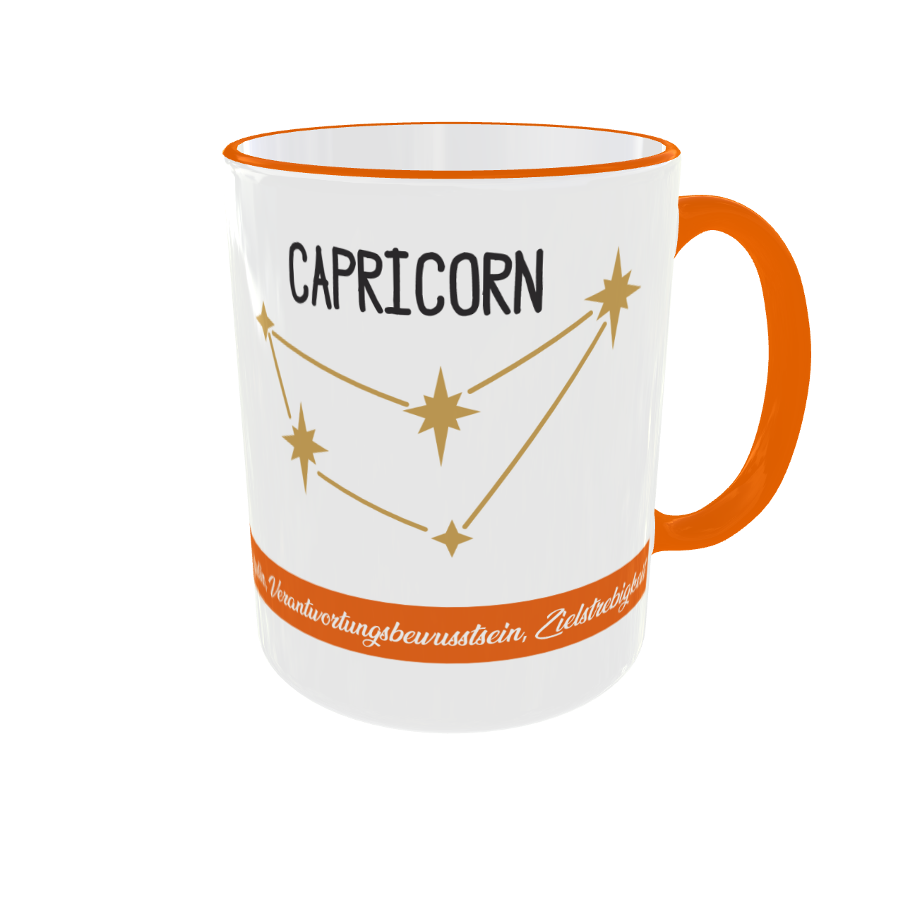 Rückseite der Tasse mit goldener Capricorn-Sternenkonstellation und schwarzem "Capricorn" Schriftzug.