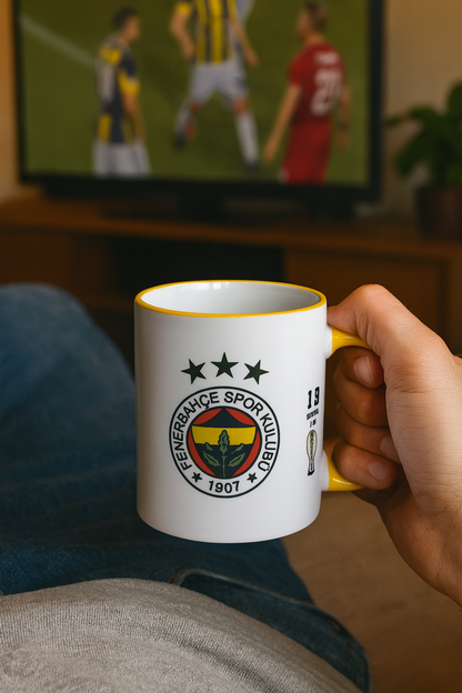 Fenerbahçe Tasse-35 Titel Design-Fanartikel mit Vereinslogo &Pokalstatistik- Gelber Henkel-Fußball Erfolge-Türkischer Fußballverein-Geschenk