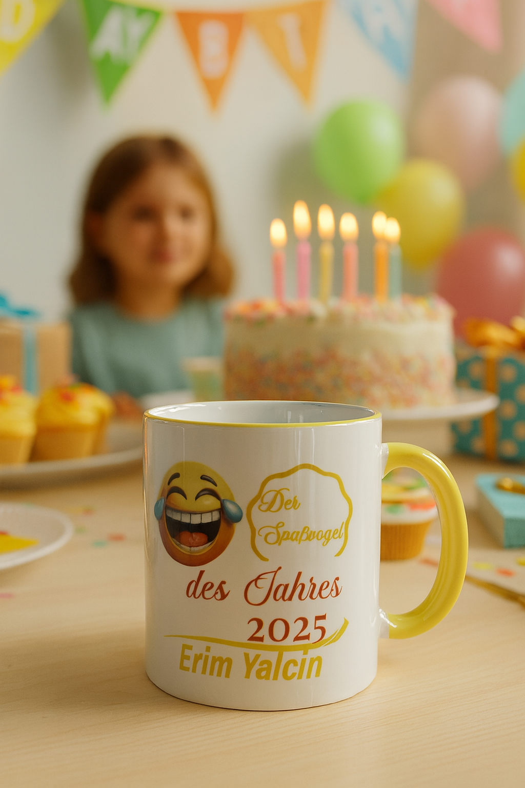 Spaßvogel des Jahres – Personalisierte Tasse mit Emoji - Wunschname – Lustiges Geschenk für Freunde & Kollegen