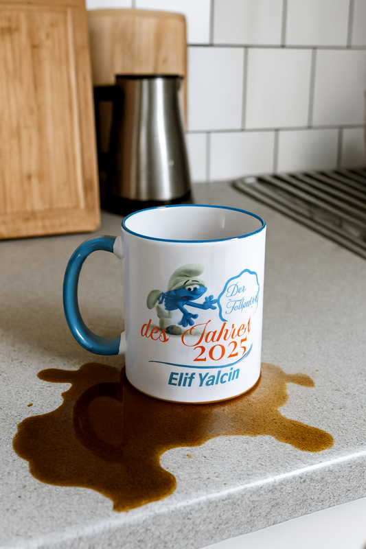 Personalisierte Tasse „Der Tollpatsch des Jahres 2025“ – Lustige Geschenkidee mit Namen – Cartoon Award Tasse