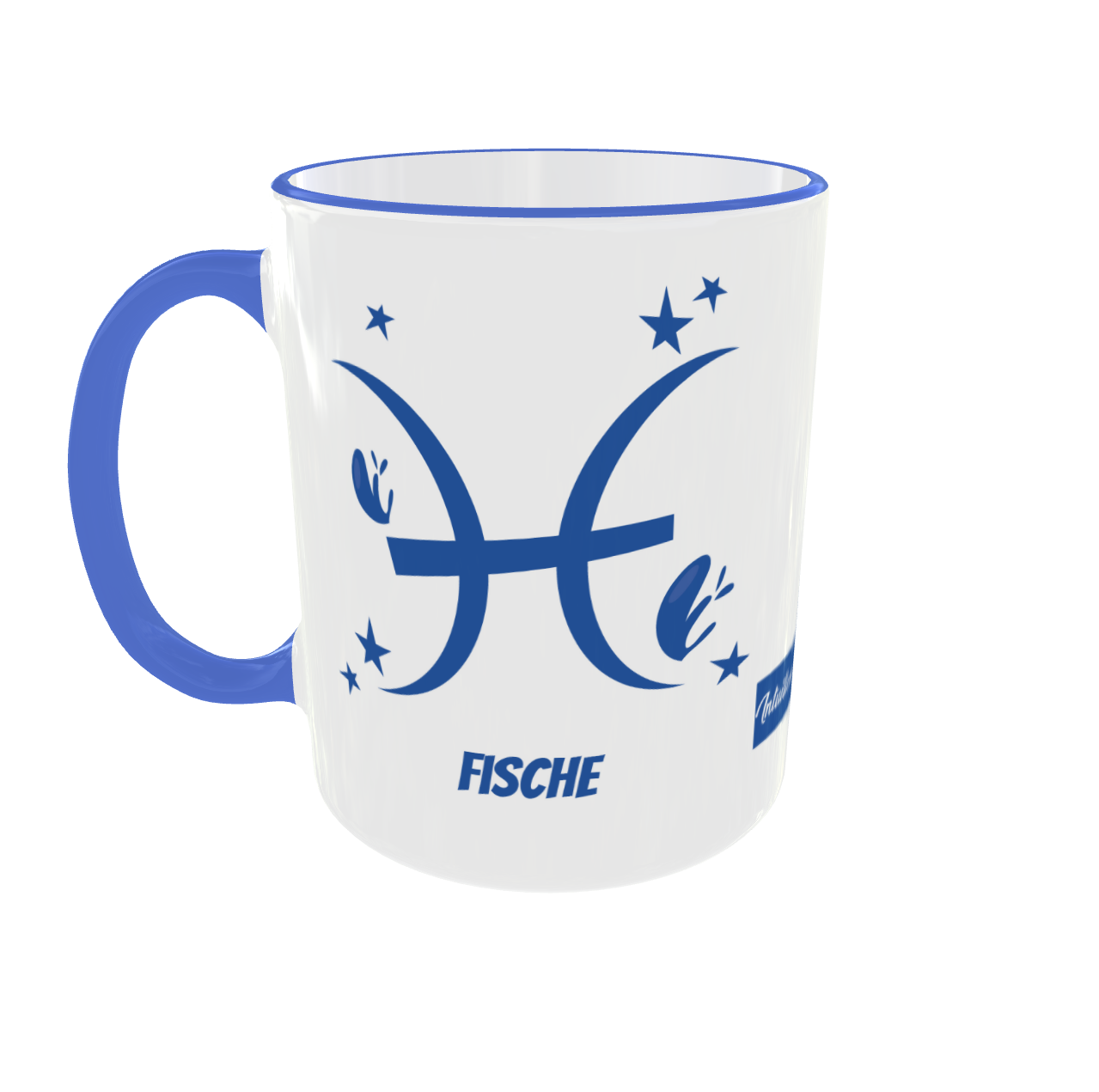 Weiße Keramiktasse mit blauem Henkel und Trinkrand, zeigt das blaue Fische-Symbol und den Text „FISCHE“.