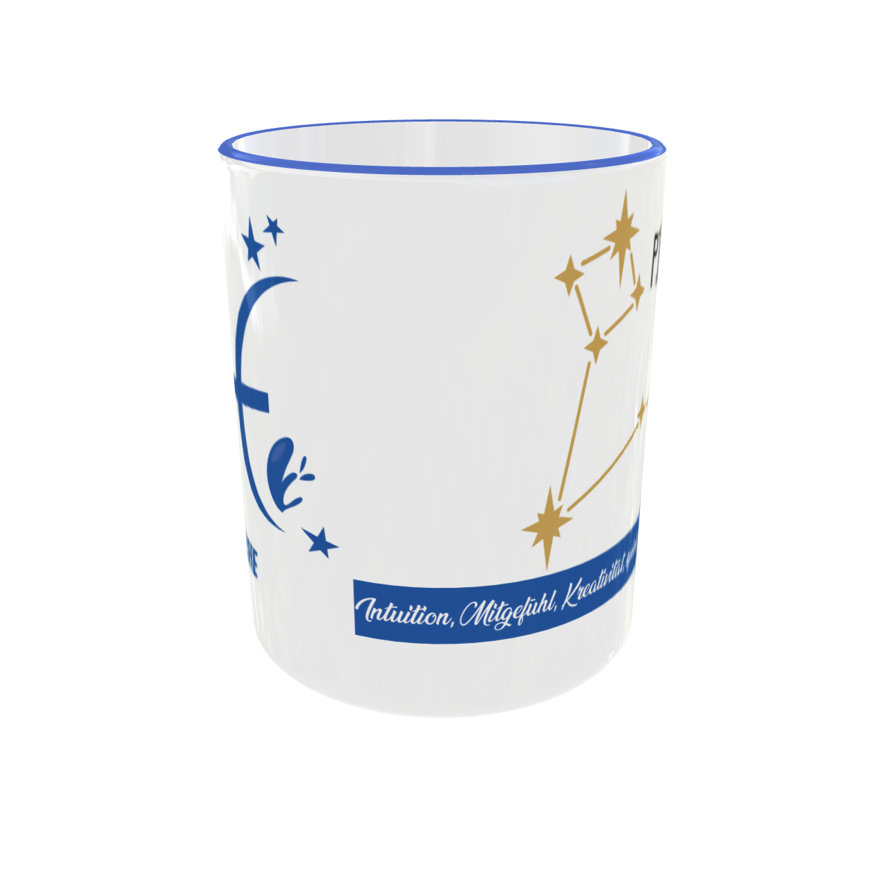 Seitenansicht der Tasse, die den Übergang zwischen dem blauen Sternzeichen-Symbol und dem goldenen Sternbild zeigt.