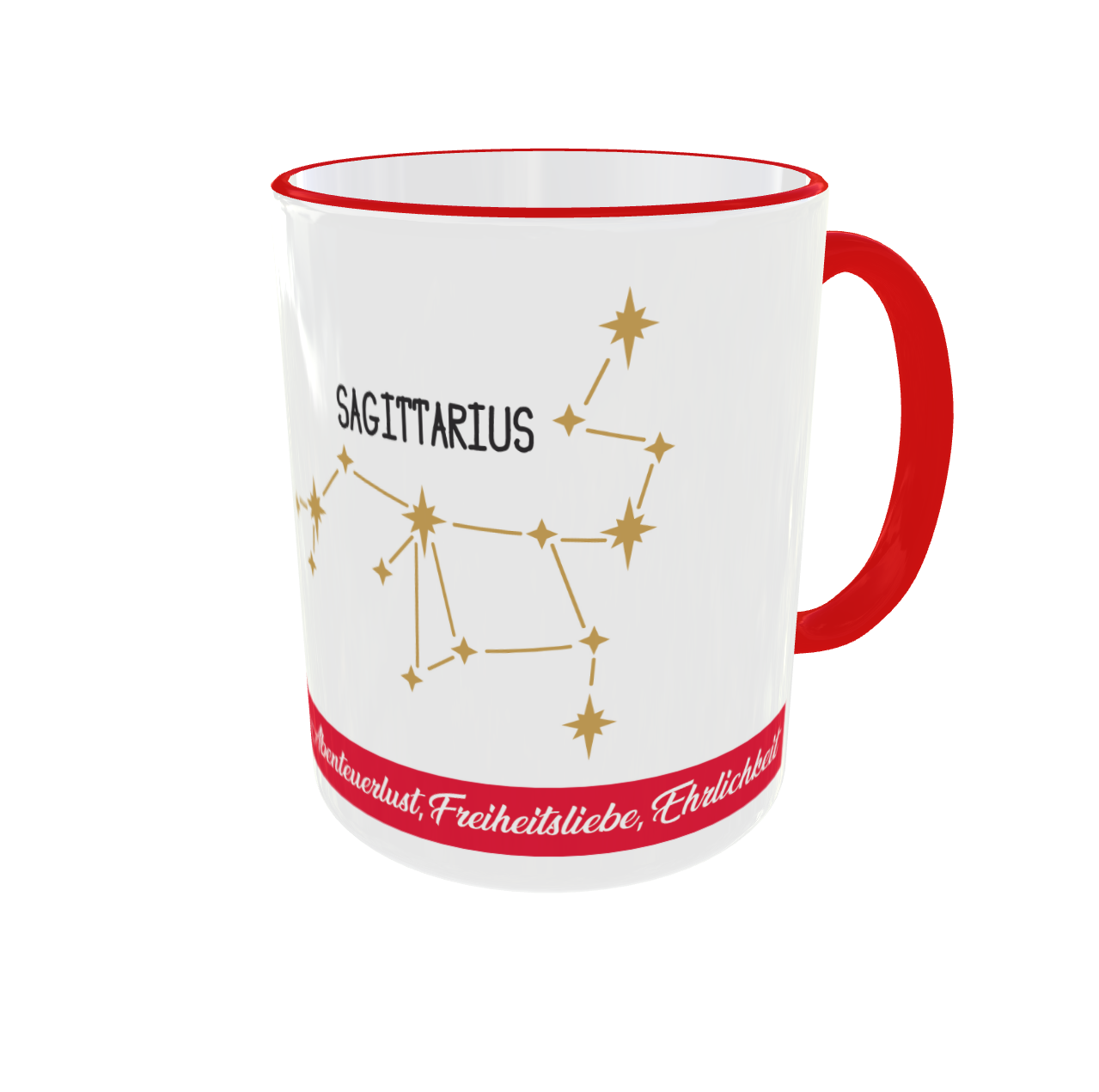 Weiße Keramiktasse mit goldenem Schütze-Sternbild (Sagittarius) und rotem Henkel.