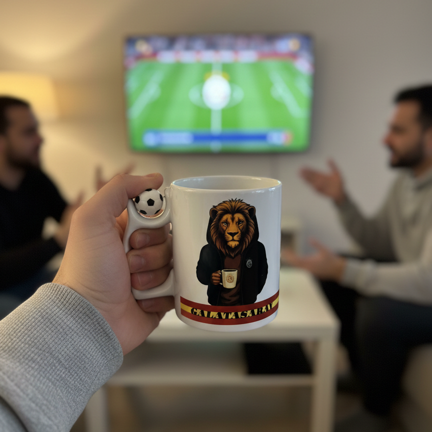 dass die Tasse einen besonderen Henkel mit einem Fußball hat und zwei verschiedene Hauptmotive zeigt (einmal das Logo/Wappen, einmal einen "coolen" Löwen-Fan)
