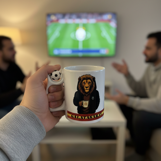 dass die Tasse einen besonderen Henkel mit einem Fußball hat und zwei verschiedene Hauptmotive zeigt (einmal das Logo/Wappen, einmal einen "coolen" Löwen-Fan)