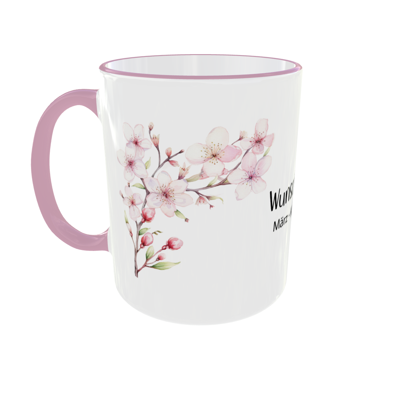 Personalisierte Geburtsblumen Tasse März mit Kirschblüte Kranz Design und rosa Rand - Vorderansicht mit rosa Henkel