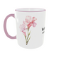 Personalisierte Tasse mit August Geburtsblume Gladiolen - Wunschname auf weißer Tasse mit rosa Rand