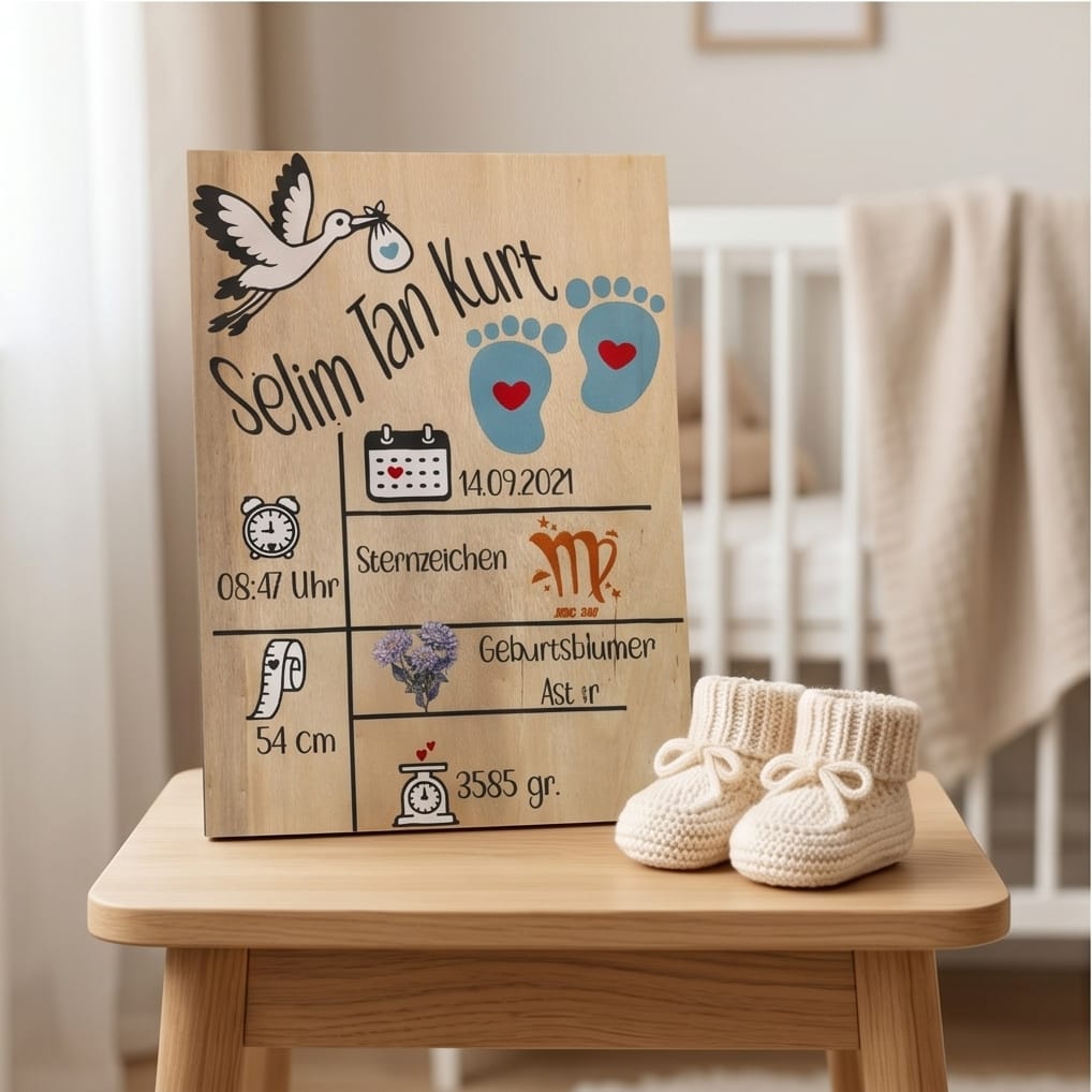 Holzschild auf Holztisch mit gestrickten Babyschuhen