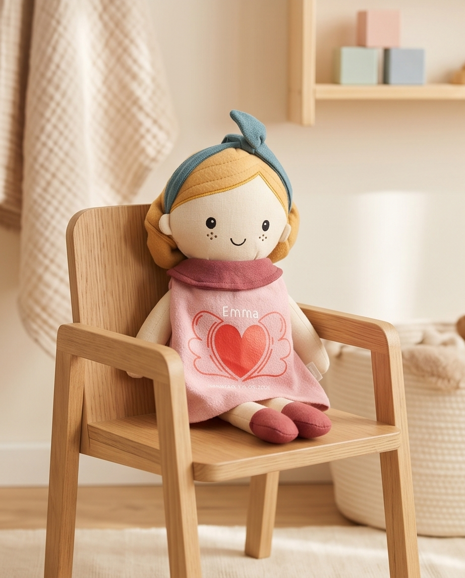 Personalisierbare Stoffpuppe sitzt auf einem Holzstuhl im Kinderzimmer