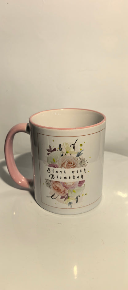 " Start with Bismillah - End with Elhamdulillah" - Inspirierende Tasse für alle – Pastellblumen & Glaubensspruch"- "Keramiktasse mit Spruch – Girl of Faith – Geschenk für starke Frauen"