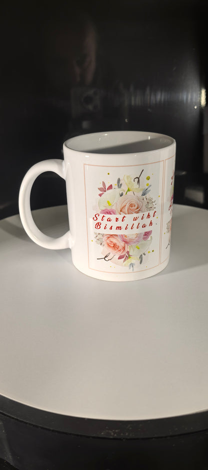 Muslimisches Geschenk mit floraler Verzierung-Keramiktasse mit Bismillah-Spruch – Islamisches Design & Blumenmotiv– Floral und Elegant