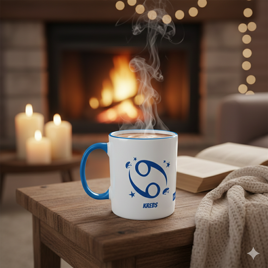 Die Krebs-Tasse auf dem Tisch vor einem prasselnden Kaminfeuer, was eine gemütliche und warme Atmosphäre schafft.