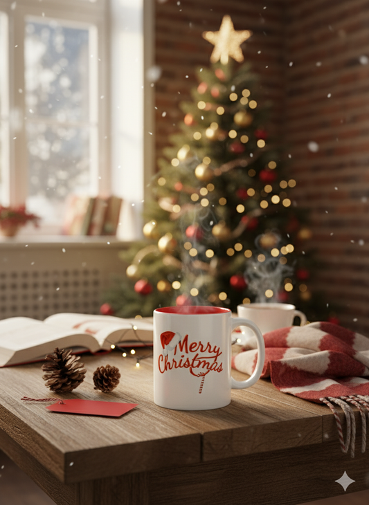 Weihnachtsbecher mit Santa-Hut & Zuckerstange-Weihnachtstasse Dezember-Kalender – Advents-Motiv und "Merry Christmas" Spruch