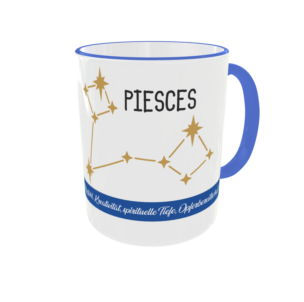 Ansicht der Tasse mit dem goldenen Pisces-Sternbild und einem blauen Textband am unteren Rand, das Charaktereigenschaften auflistet.
