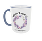 Personalisierte Rittersporn Tasse mit Wunschname - Frontansicht mit Blütenkranz