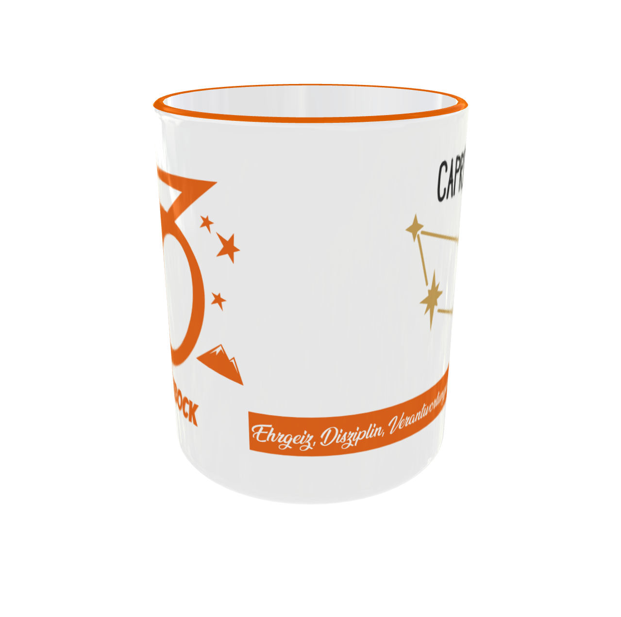 Nahaufnahme des unteren Tassenrands mit den aufgedruckten Eigenschaften "Ehrgeiz, Disziplin, Verantwortungsbewusstsein".