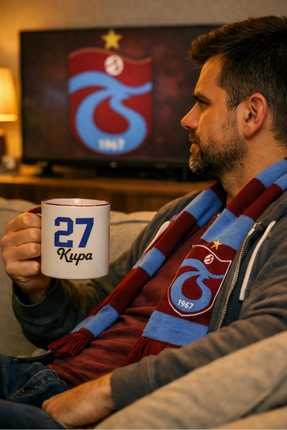 Trabzonspor Fan-Tasse 27 Kupa – Fan mit Schal hält Tasse beim Spielschauen

