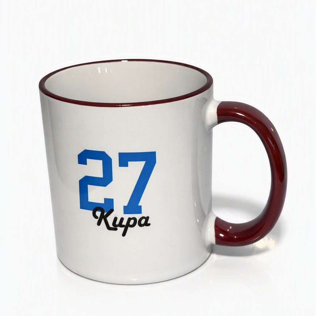 Trabzonspor Fan-Tasse mit 27 Kupa Schriftzug in Blau – Seitenansicht mit bordeauxrotem Henkel