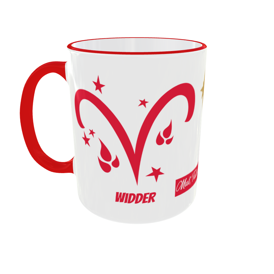 Vorderseite: Markantes Widder-Symbol mit dem deutschen Schriftzug „WIDDER“.