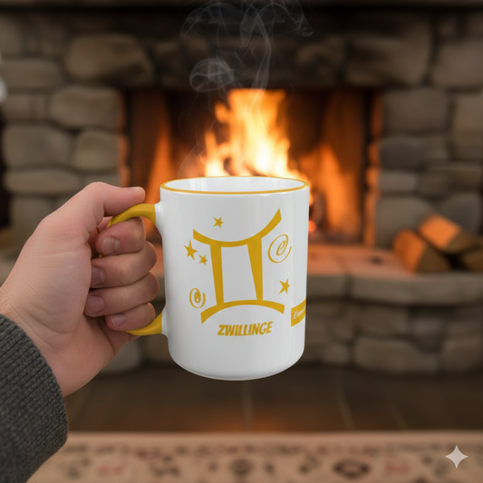 Weiße Keramiktasse mit gelbem Henkel und Rand, bedruckt mit dem Sternzeichen-Symbol „Zwillinge“ und dem Sternenbild „Gemini“ in Gold-Gelb.