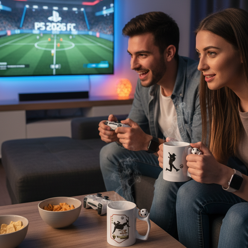 Fußball Tasse personalisiert mit  Spielersilhouette und Fußball-Henkel.