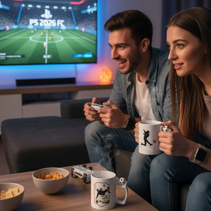 Fußball Tasse personalisiert mit  Spielersilhouette und Fußball-Henkel.