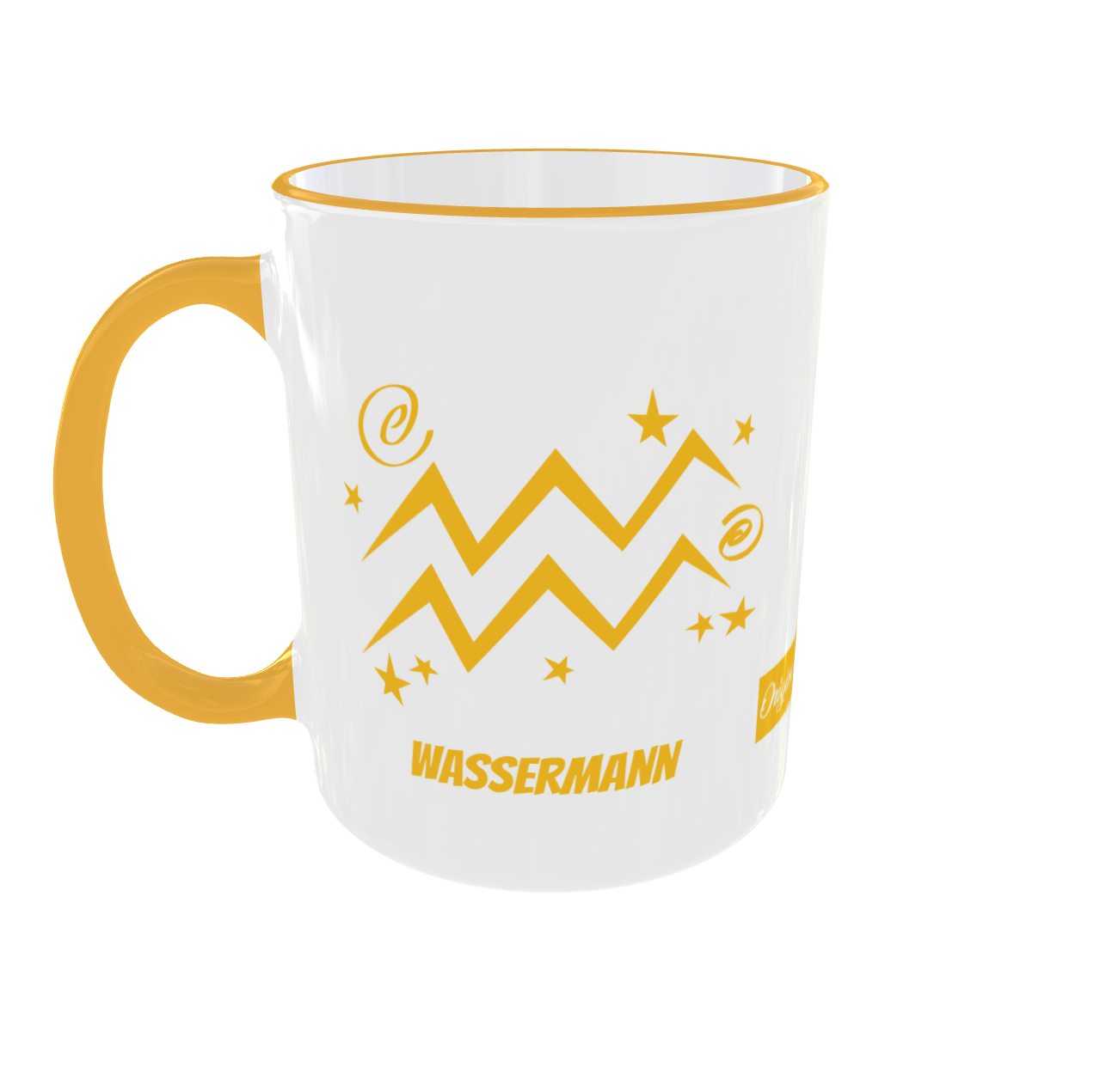 Weiße Keramiktasse mit gelbem Henkel, zeigt das goldene Wassermann-Zickzack-Symbol und den Text „Wassermann“.